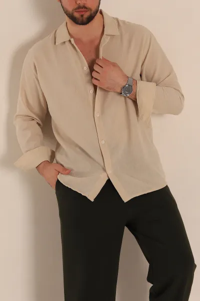 Bej Relaxed Fit Uzun Kollu Keten Erkek Gömlek 275525