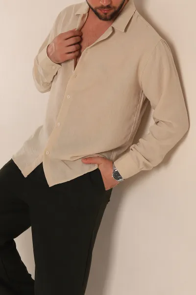 bej-relaxed-fit-uzun-kollu-keten-erkek-gomlek-275525