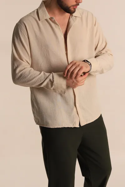 Bej Relaxed Fit Uzun Kollu Keten Erkek Gömlek 275525