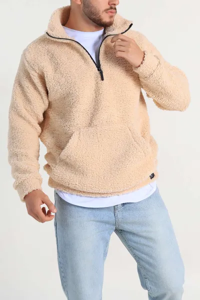 Bej Relaxed Fit Yarım Fermuarlı Cep Detaylı Peluş Kanguru Sweatshirt 308908