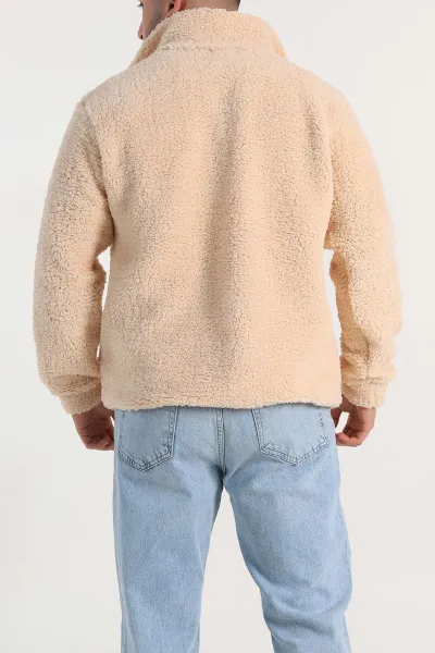 Bej Relaxed Fit Yarım Fermuarlı Cep Detaylı Peluş Kanguru Sweatshirt 308908