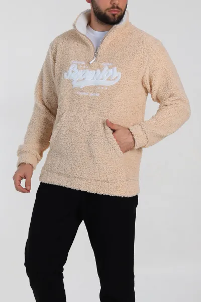 Bej Relaxed Fit Yazı Detaylı Yarım Fermuarlı Peluş Kanguru Sweatshirt 314247