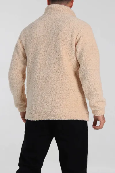 Bej Relaxed Fit Yazı Detaylı Yarım Fermuarlı Peluş Kanguru Sweatshirt 314247