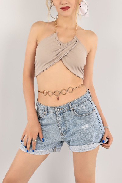 Bej Sandy Kumaş Crop Bluz 117799