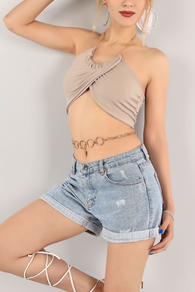 Bej Sandy Kumaş Crop Bluz 117799