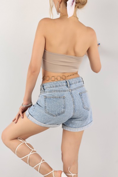 Bej Sandy Kumaş Crop Bluz 117799