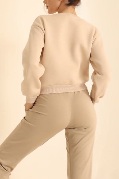Bej Şardonlu Baskılı Bayan Sweat 219372