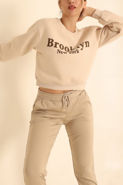 Bej Şardonlu Baskılı Bayan Sweat 219372