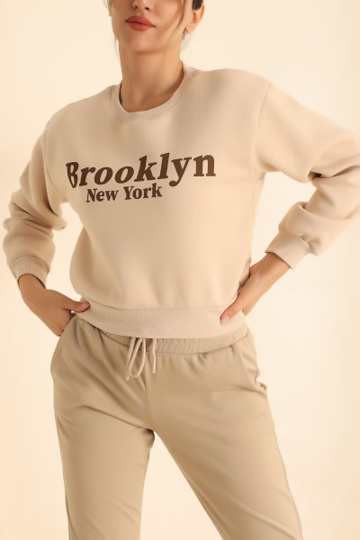 Bej Şardonlu Baskılı Bayan Sweat 219372