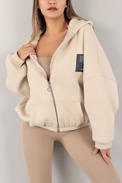 Bej Şardonlu Bayan Fermuarlı Sweat 143468