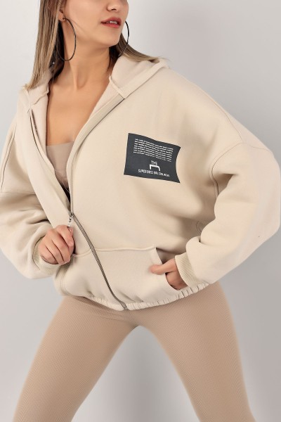 Bej Şardonlu Bayan Fermuarlı Sweat 143468