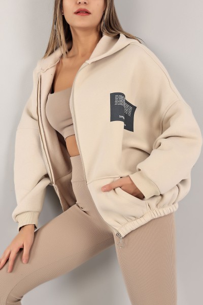 Bej Şardonlu Bayan Fermuarlı Sweat 143468