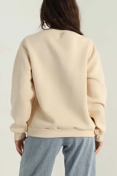 Bej Şardonlu Nakışlı Üç İp Kadın Sweat 391620