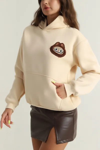 Bej Şardonlu Nakışlı Üç İp Kadın Sweat 394809