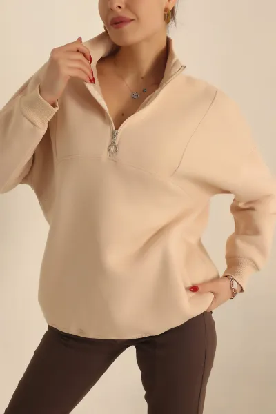 Bej Şardonlu Yarım Fermuar Oversize Sweat 229541