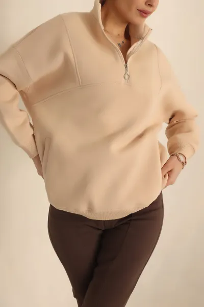 Bej Şardonlu Yarım Fermuar Oversize Sweat 229541