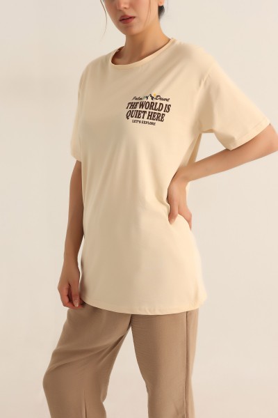 Bej Sırt Baskılı Oversize Tişört 186536