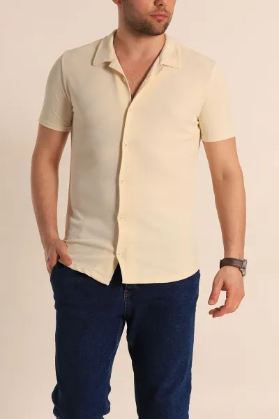 Bej Slim Fit Apaş Yaka Erkek Krep Gömlek 260928