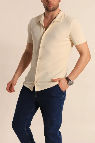 Bej Slim Fit Apaş Yaka Erkek Krep Gömlek 260928