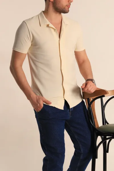 Bej Slim Fit Apaş Yaka Erkek Krep Gömlek 260928