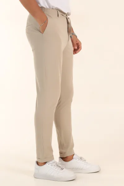 Bej Slim Fit Bel Lastikli Duble Paça Erkek Jogger Pantolon 380947