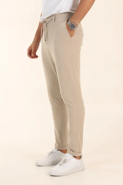 Bej Slim Fit Bel Lastikli Duble Paça Erkek Jogger Pantolon 380947