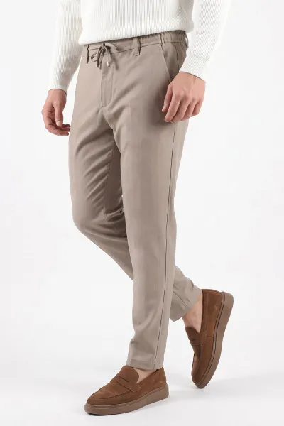 Bej  Slim Fit Belden Bağlamalı Erkek Pantolon 493214