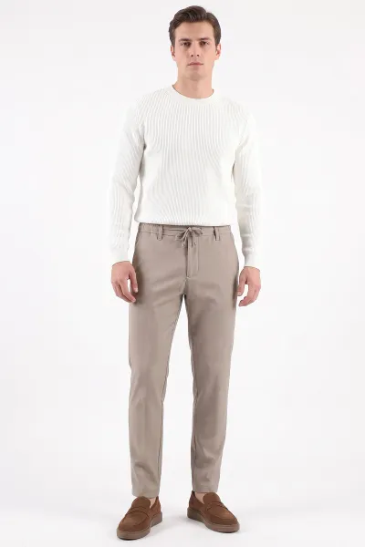 Bej  Slim Fit Belden Bağlamalı Erkek Pantolon 493214