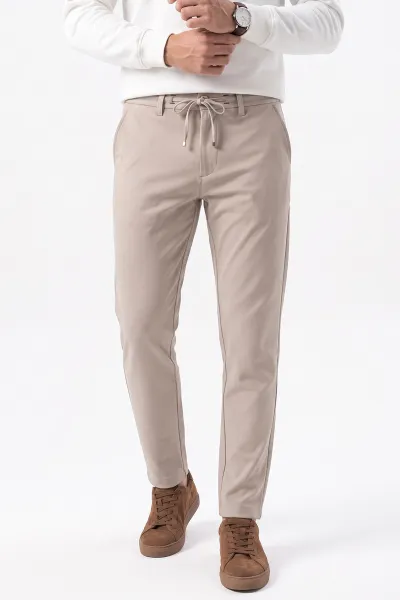 Bej Slim Fit Belden Bağlamalı Erkek Pantolon 493278