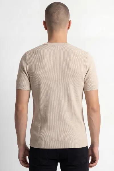 Bej Slim Fit Bisiklet Yaka Triko Erkek Tişört 449042