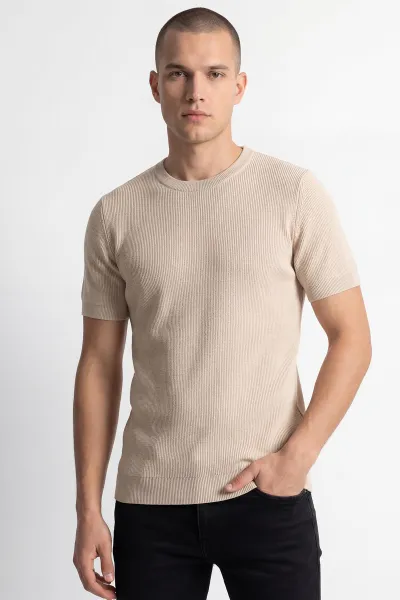 bej-slim-fit-bisiklet-yaka-triko-erkek-tisort-449042