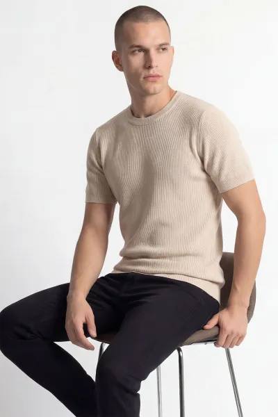 Bej Slim Fit Bisiklet Yaka Triko Erkek Tişört 449042