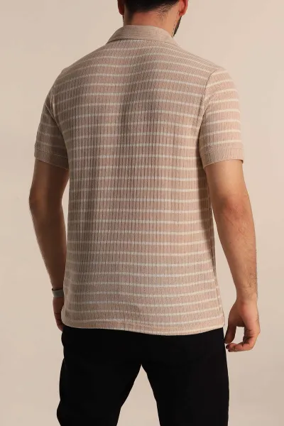 Bej Slim Fit Çizgili Polo Yaka Erkek Tişört 276014