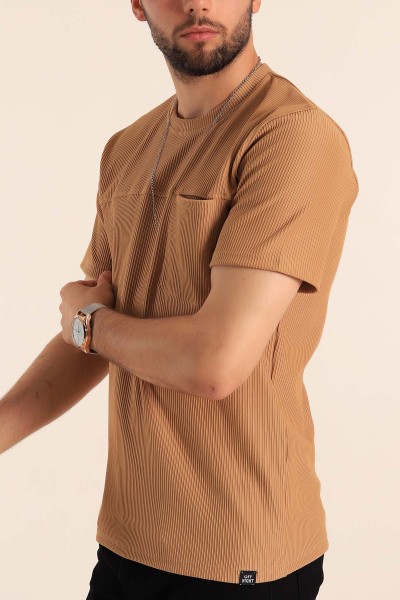 Bej Slim Fit Fitilli Doku Cepli Erkek Tişört 190184
