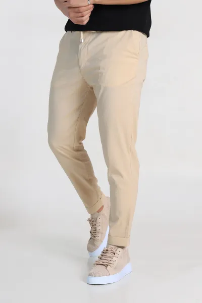 Bej Slim Fit Likralı Paraşüt Kumaş Duble Paça Erkek Jogger Pantolon 247817
