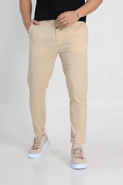 Bej Slim Fit Likralı Paraşüt Kumaş Duble Paça Erkek Jogger Pantolon 247817