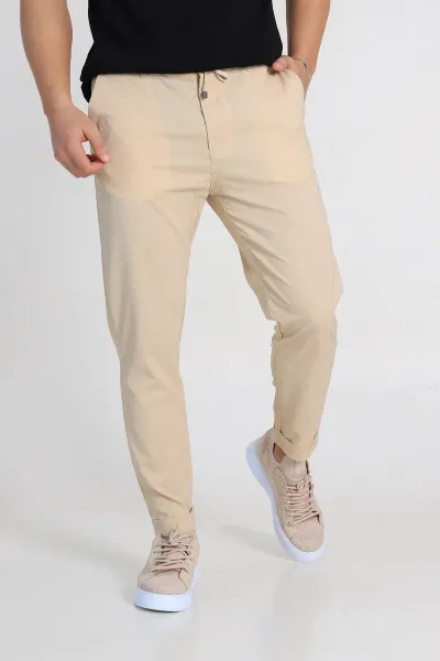 Bej Slim Fit Likralı Paraşüt Kumaş Duble Paça Erkek Jogger Pantolon 247817