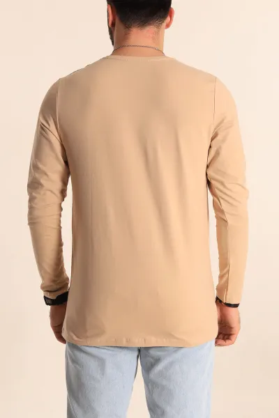Bej Slim Fit V Yaka Likralı Basic Erkek Sweatshirt 234986