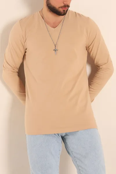 Bej Slim Fit V Yaka Likralı Basic Erkek Sweatshirt 234986