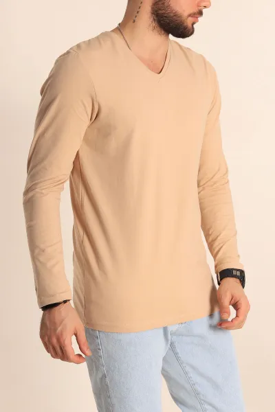Bej Slim Fit V Yaka Likralı Basic Erkek Sweatshirt 234986