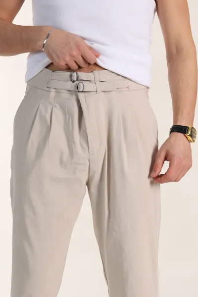 Bej Slim Fit Yüksel Bel Çift Kemer Detaylı Erkek Kumaş Pantolon 340848