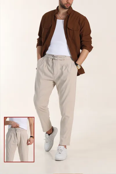 bej-slim-fit-yuksel-bel-cift-kemer-detayli-erkek-kumas-pantolon-340848