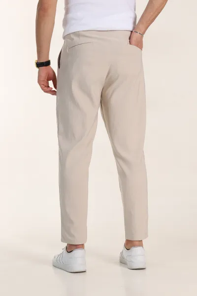 Bej Slim Fit Yüksel Bel Çift Kemer Detaylı Erkek Kumaş Pantolon 340848