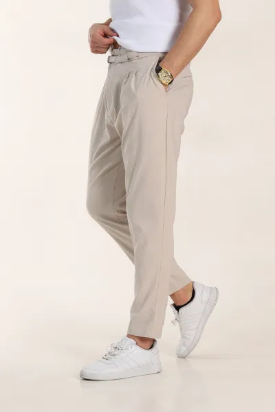 Bej Slim Fit Yüksel Bel Çift Kemer Detaylı Erkek Kumaş Pantolon 340848
