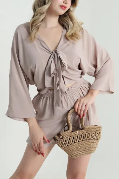 Bej Şortlu Kimono Viskon Kadın İkili Takım 473831