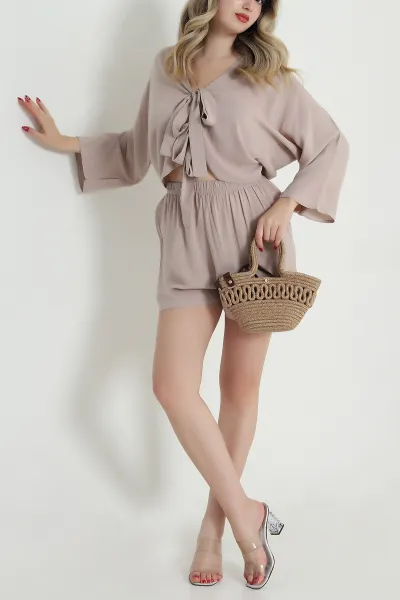 Bej Şortlu Kimono Viskon Kadın İkili Takım 473831