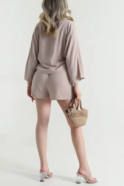Bej Şortlu Kimono Viskon Kadın İkili Takım 473831