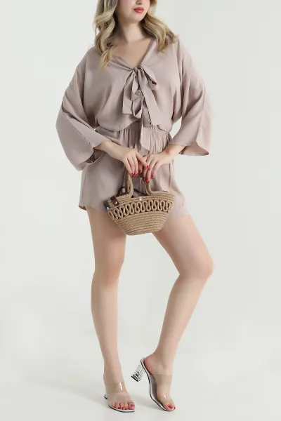 Bej Şortlu Kimono Viskon Kadın İkili Takım 473831