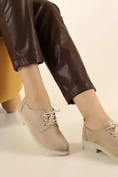 Bej Süet Bağcıklı Kadın Loafer Ayakkabı 307597