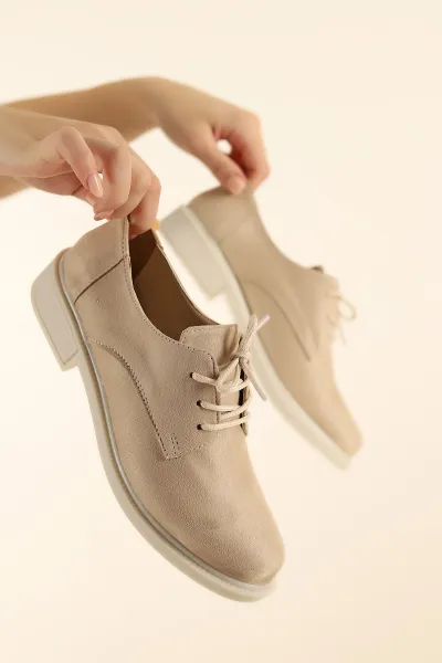Bej Süet Bağcıklı Kadın Loafer Ayakkabı 307597